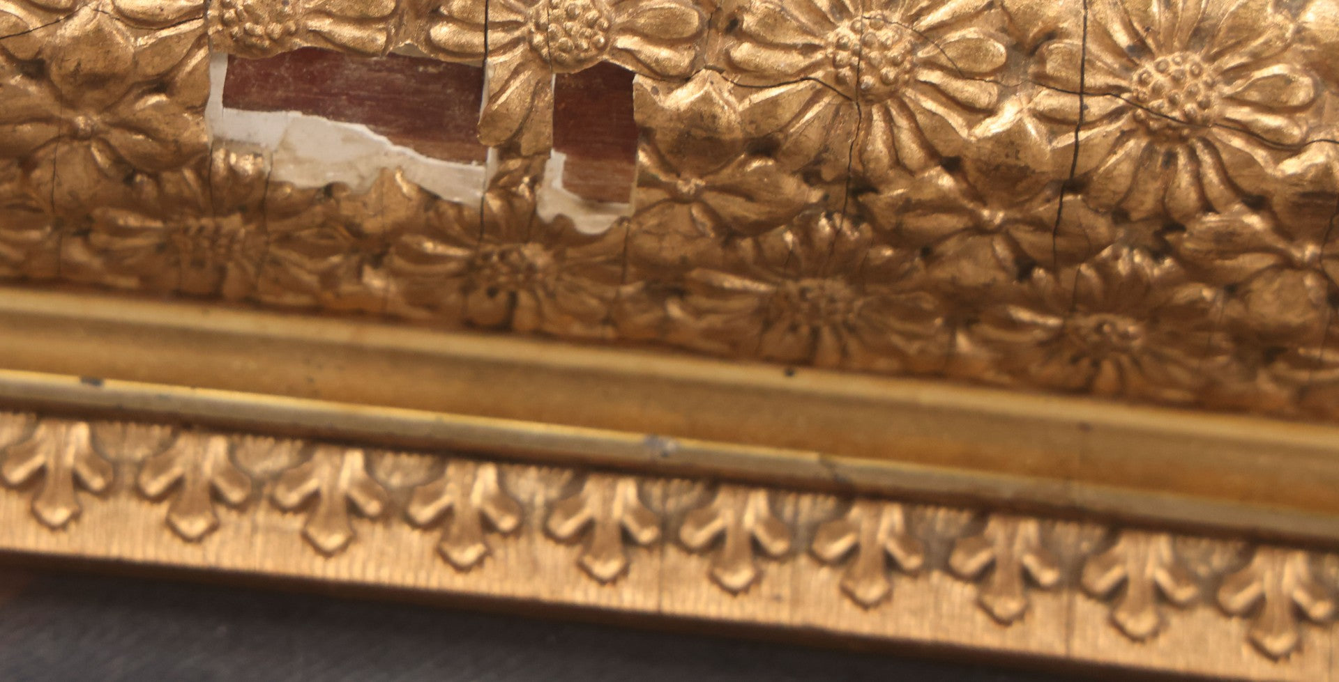 Lot 004 - Antique Oil On Canvas Painting Of Young Girl In Red Dress Holding Puppy With Dog, Spinning Wheel, Birds, In Original Wood Backed Ornate Gesso Gold Painted Frame, Note Frame Losses, 18-1/2" x 14-3/4"