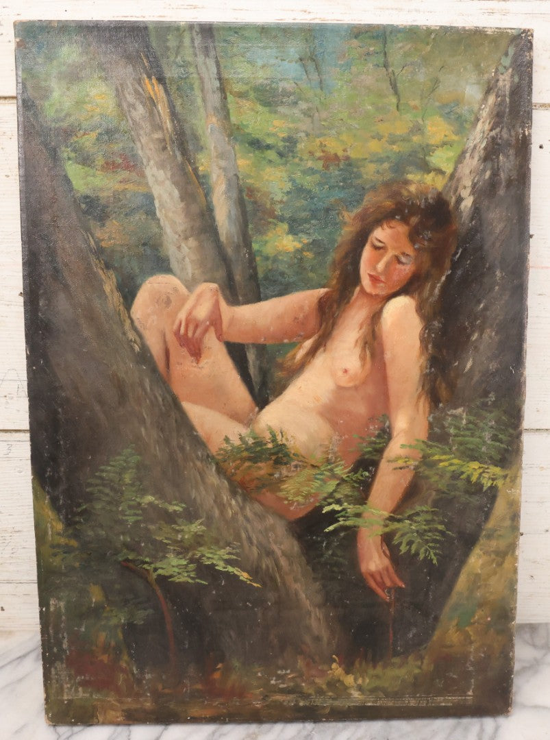 Lot 005 - Vintage Oil On Canvas Painting Of Ethereal Nude Woman Sitting Among Trees And Foliage In The Forest, Note Wear And Tear, 16-1/8" x 23"