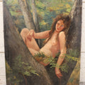 Lot 005 - Vintage Oil On Canvas Painting Of Ethereal Nude Woman Sitting Among Trees And Foliage In The Forest, Note Wear And Tear, 16-1/8" x 23"
