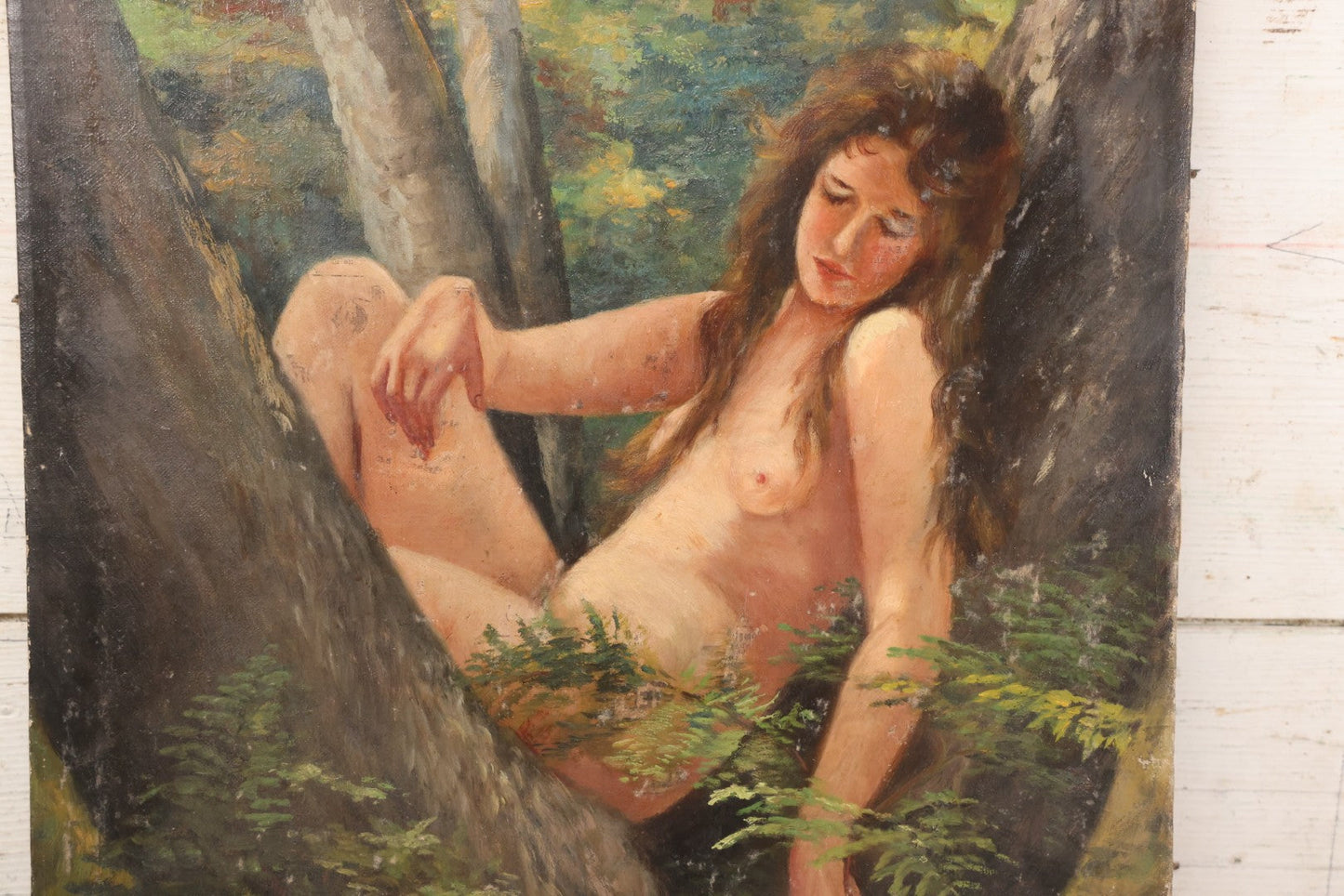 Lot 005 - Vintage Oil On Canvas Painting Of Ethereal Nude Woman Sitting Among Trees And Foliage In The Forest, Note Wear And Tear, 16-1/8" x 23"
