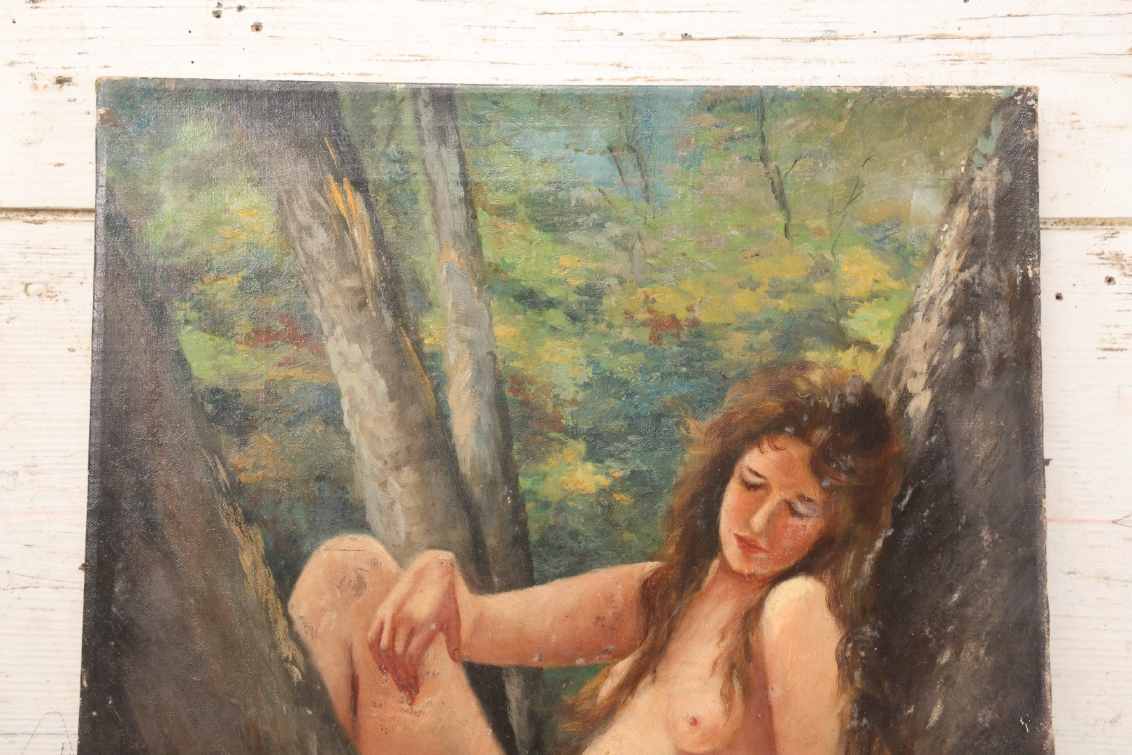 Lot 005 - Vintage Oil On Canvas Painting Of Ethereal Nude Woman Sitting Among Trees And Foliage In The Forest, Note Wear And Tear, 16-1/8" x 23"