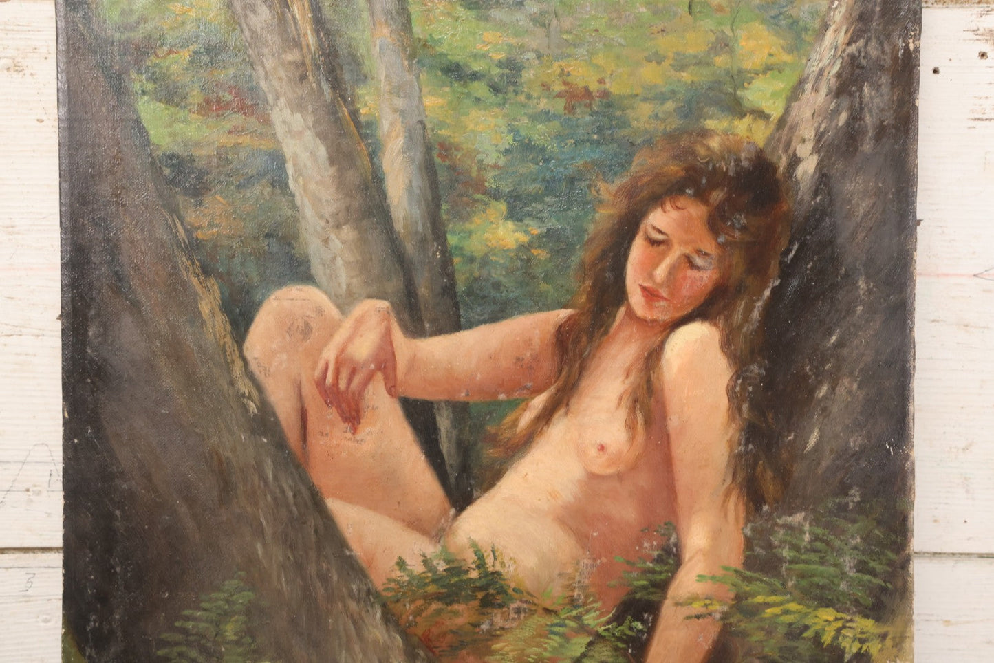 Lot 005 - Vintage Oil On Canvas Painting Of Ethereal Nude Woman Sitting Among Trees And Foliage In The Forest, Note Wear And Tear, 16-1/8" x 23"