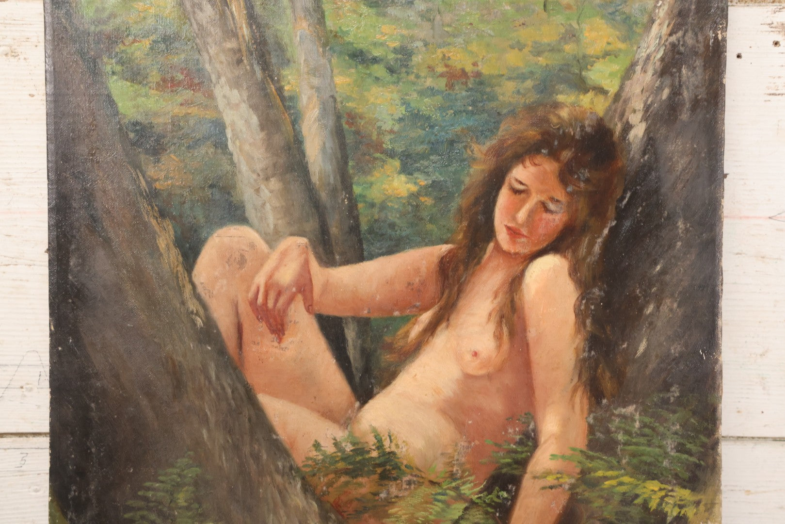 Lot 005 - Vintage Oil On Canvas Painting Of Ethereal Nude Woman Sitting Among Trees And Foliage In The Forest, Note Wear And Tear, 16-1/8" x 23"