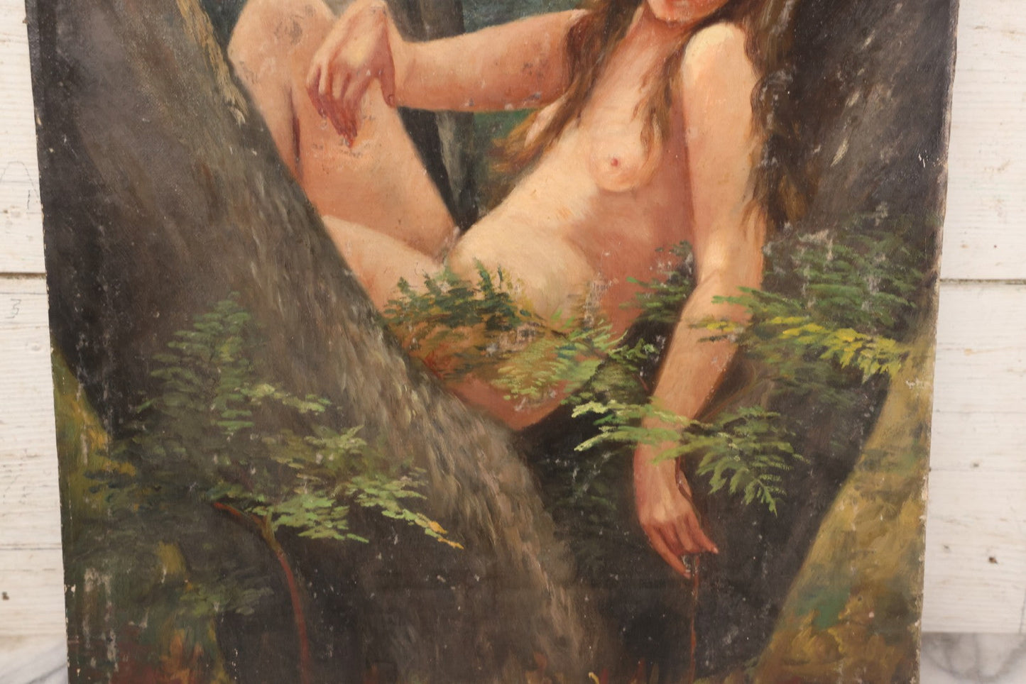 Lot 005 - Vintage Oil On Canvas Painting Of Ethereal Nude Woman Sitting Among Trees And Foliage In The Forest, Note Wear And Tear, 16-1/8" x 23"