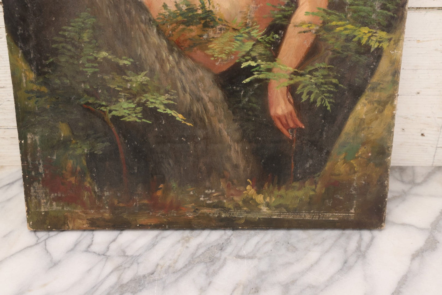 Lot 005 - Vintage Oil On Canvas Painting Of Ethereal Nude Woman Sitting Among Trees And Foliage In The Forest, Note Wear And Tear, 16-1/8" x 23"