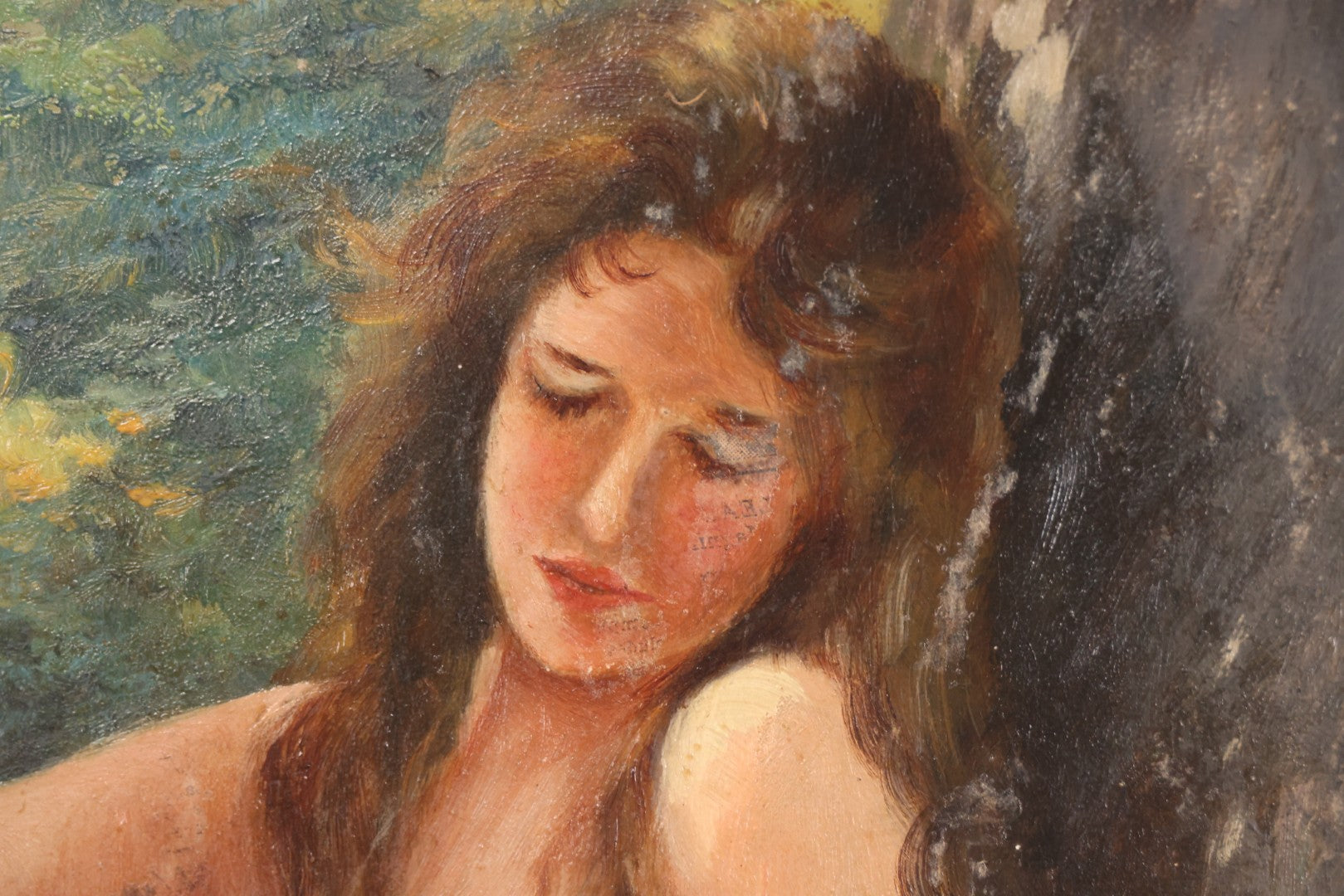 Lot 005 - Vintage Oil On Canvas Painting Of Ethereal Nude Woman Sitting Among Trees And Foliage In The Forest, Note Wear And Tear, 16-1/8" x 23"