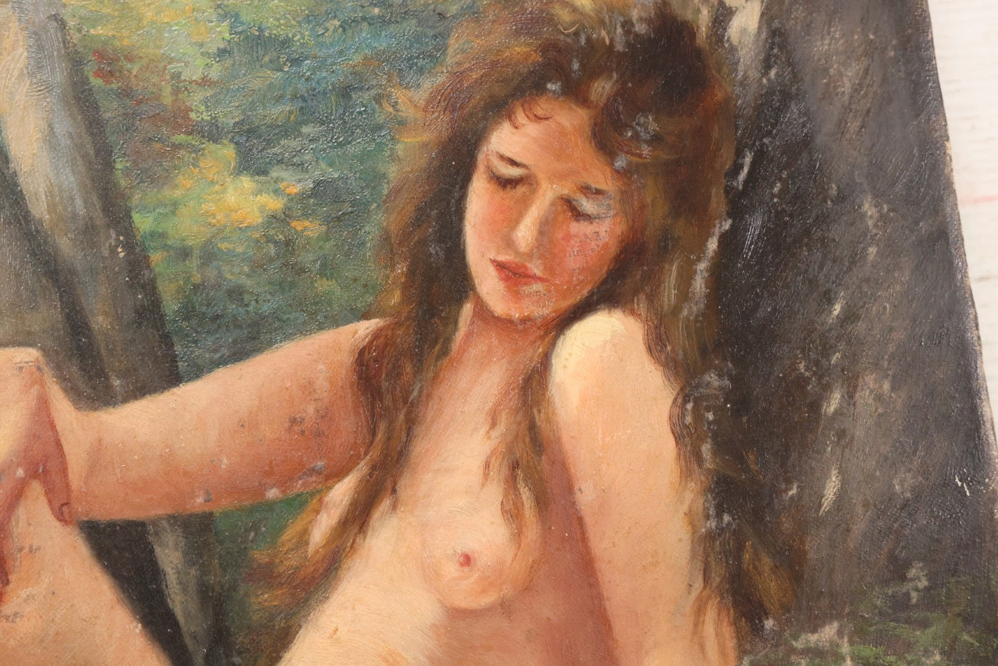 Lot 005 - Vintage Oil On Canvas Painting Of Ethereal Nude Woman Sitting Among Trees And Foliage In The Forest, Note Wear And Tear, 16-1/8" x 23"