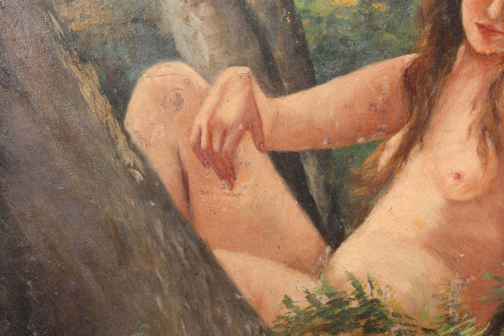 Lot 005 - Vintage Oil On Canvas Painting Of Ethereal Nude Woman Sitting Among Trees And Foliage In The Forest, Note Wear And Tear, 16-1/8" x 23"