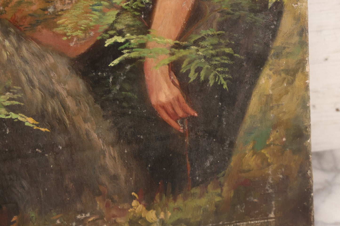 Lot 005 - Vintage Oil On Canvas Painting Of Ethereal Nude Woman Sitting Among Trees And Foliage In The Forest, Note Wear And Tear, 16-1/8" x 23"