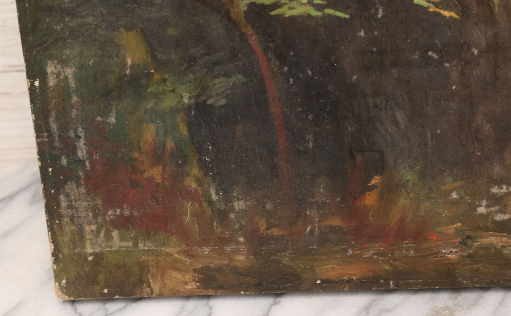 Lot 005 - Vintage Oil On Canvas Painting Of Ethereal Nude Woman Sitting Among Trees And Foliage In The Forest, Note Wear And Tear, 16-1/8" x 23"