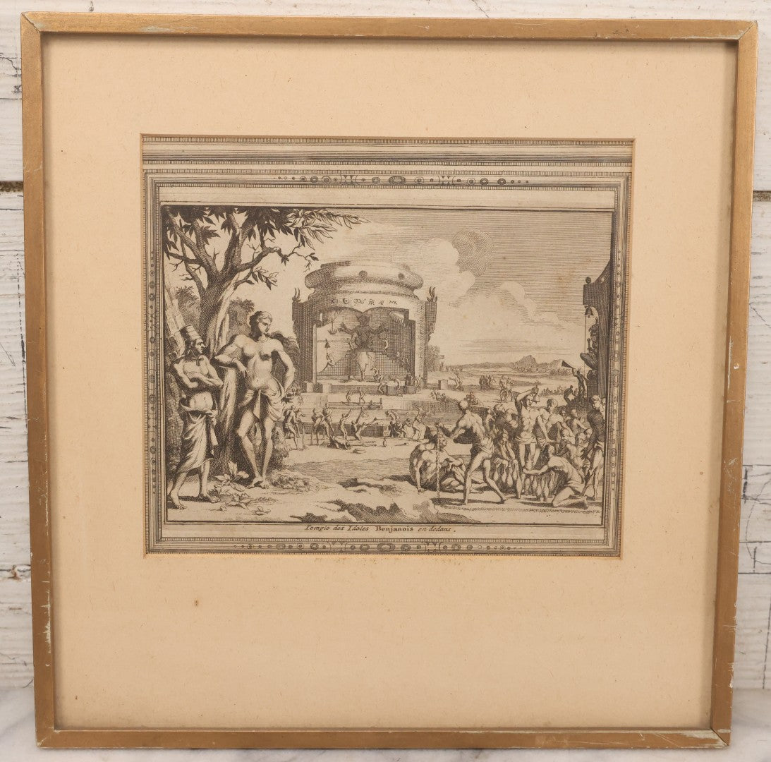 Lot 006 - Antique 18th Century Engraving Titled “Temple Des Idoles Benjanois En Dedans” ("Temple Of The Idols Of The Benjanois, Interior View"), From Pieter Van Der Aa's La Galerie Agréable Du Monde, 1725, In Frame, 11" x 11-3/8"
