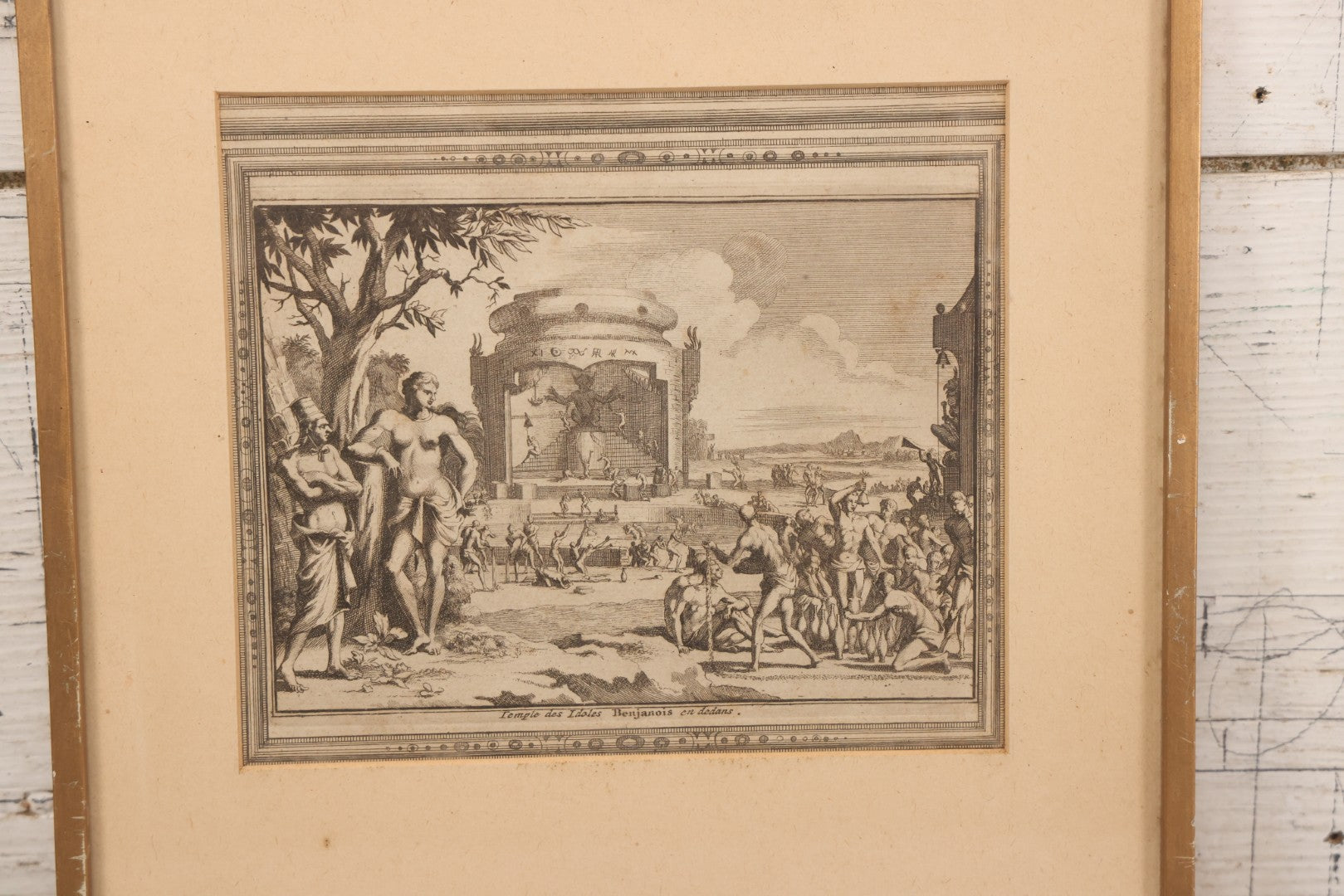 Lot 006 - Antique 18th Century Engraving Titled “Temple Des Idoles Benjanois En Dedans” ("Temple Of The Idols Of The Benjanois, Interior View"), From Pieter Van Der Aa's La Galerie Agréable Du Monde, 1725, In Frame, 11" x 11-3/8"
