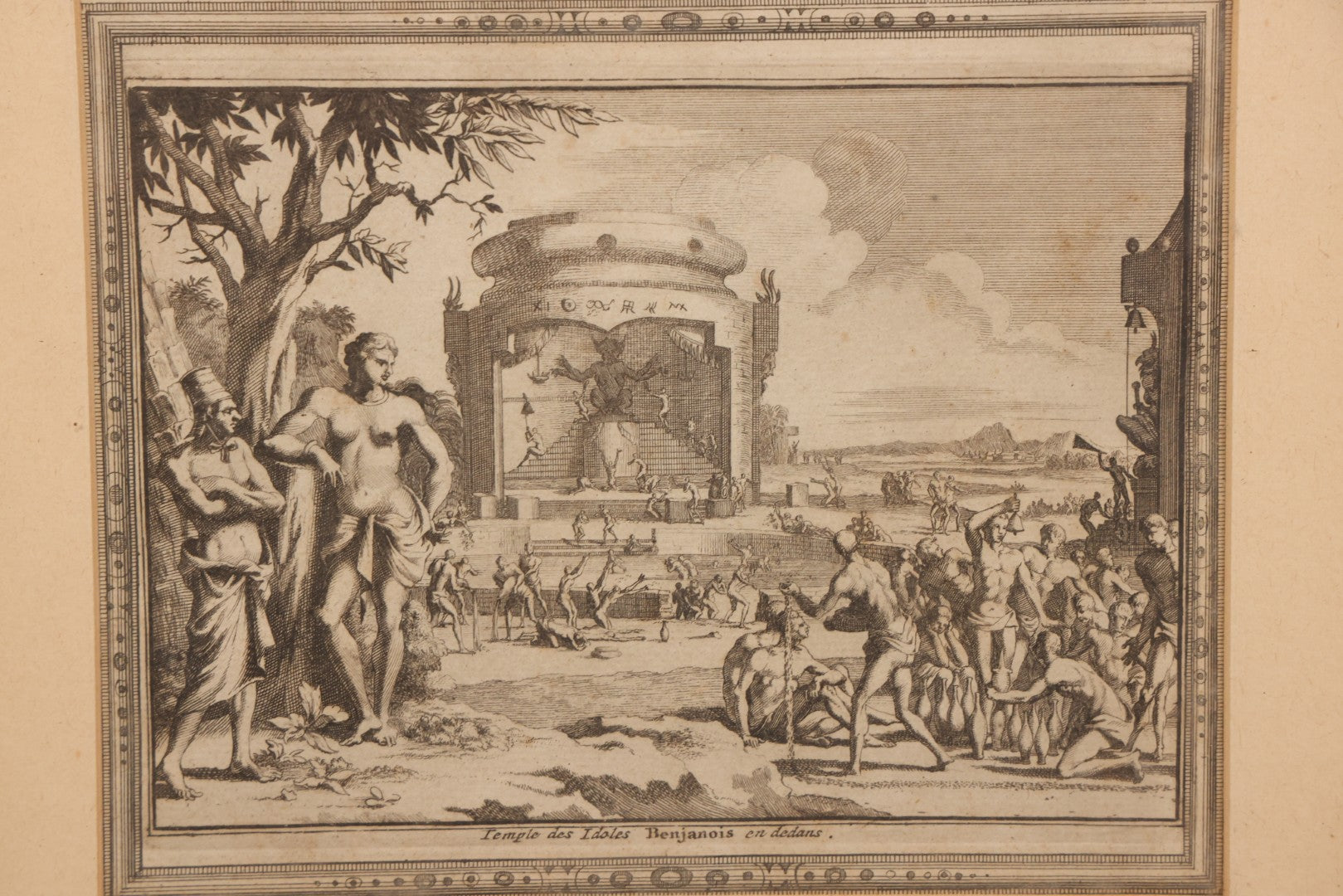 Lot 006 - Antique 18th Century Engraving Titled “Temple Des Idoles Benjanois En Dedans” ("Temple Of The Idols Of The Benjanois, Interior View"), From Pieter Van Der Aa's La Galerie Agréable Du Monde, 1725, In Frame, 11" x 11-3/8"