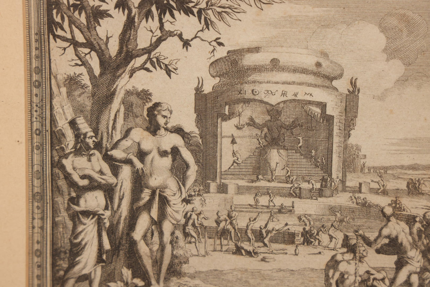 Lot 006 - Antique 18th Century Engraving Titled “Temple Des Idoles Benjanois En Dedans” ("Temple Of The Idols Of The Benjanois, Interior View"), From Pieter Van Der Aa's La Galerie Agréable Du Monde, 1725, In Frame, 11" x 11-3/8"