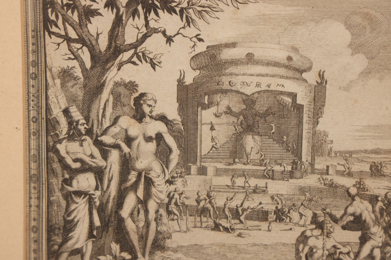Lot 006 - Antique 18th Century Engraving Titled “Temple Des Idoles Benjanois En Dedans” ("Temple Of The Idols Of The Benjanois, Interior View"), From Pieter Van Der Aa's La Galerie Agréable Du Monde, 1725, In Frame, 11" x 11-3/8"