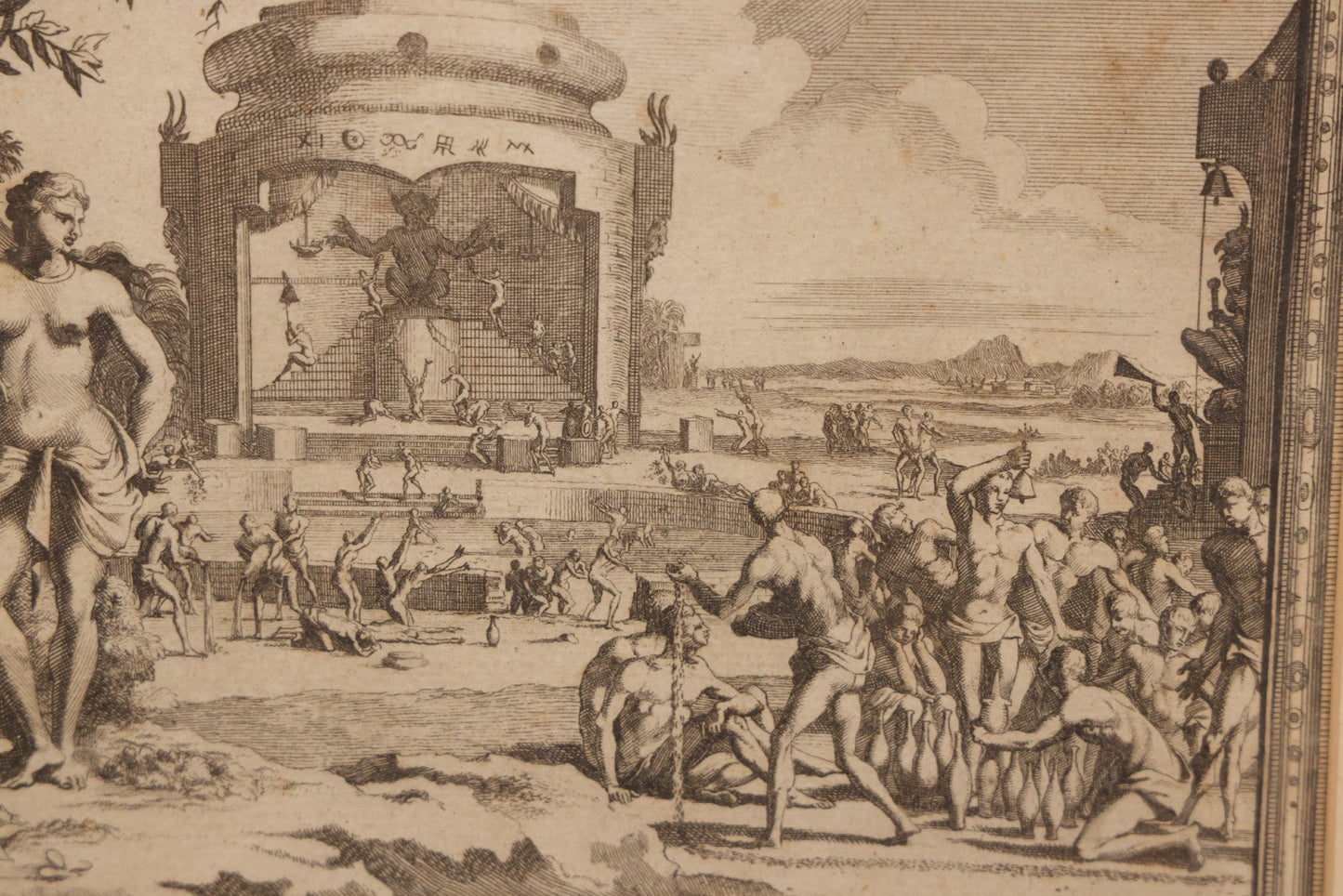 Lot 006 - Antique 18th Century Engraving Titled “Temple Des Idoles Benjanois En Dedans” ("Temple Of The Idols Of The Benjanois, Interior View"), From Pieter Van Der Aa's La Galerie Agréable Du Monde, 1725, In Frame, 11" x 11-3/8"