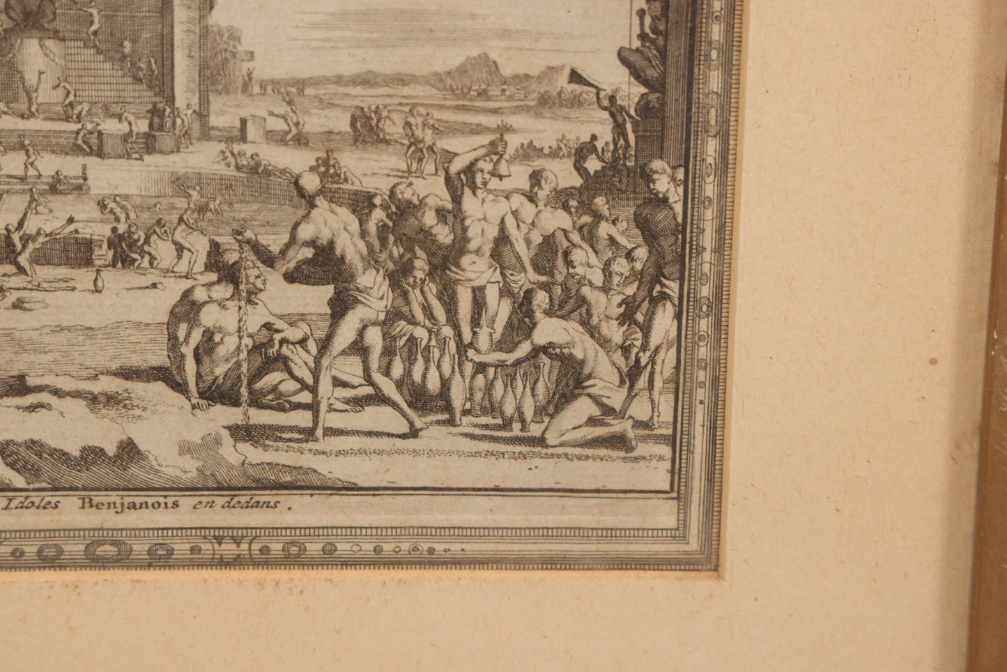 Lot 006 - Antique 18th Century Engraving Titled “Temple Des Idoles Benjanois En Dedans” ("Temple Of The Idols Of The Benjanois, Interior View"), From Pieter Van Der Aa's La Galerie Agréable Du Monde, 1725, In Frame, 11" x 11-3/8"