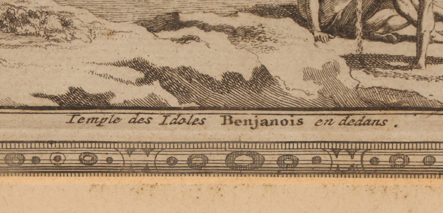 Lot 006 - Antique 18th Century Engraving Titled “Temple Des Idoles Benjanois En Dedans” ("Temple Of The Idols Of The Benjanois, Interior View"), From Pieter Van Der Aa's La Galerie Agréable Du Monde, 1725, In Frame, 11" x 11-3/8"