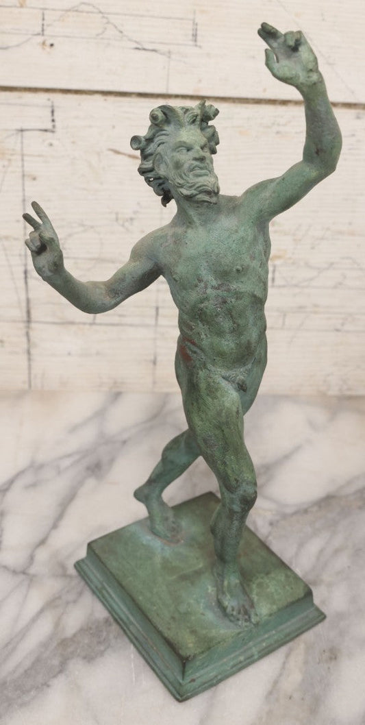 Lot 007 - Antique Cast Metal Nude Mythological Pan Statue In Victory Triumph Pose With Tail, Horns, Green Patina, 12-1/4" Height