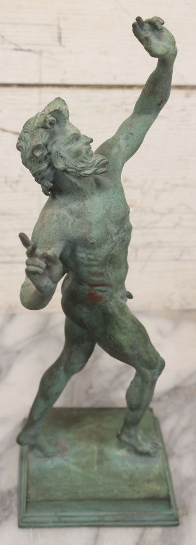 Lot 007 - Antique Cast Metal Nude Mythological Pan Statue In Victory Triumph Pose With Tail, Horns, Green Patina, 12-1/4" Height