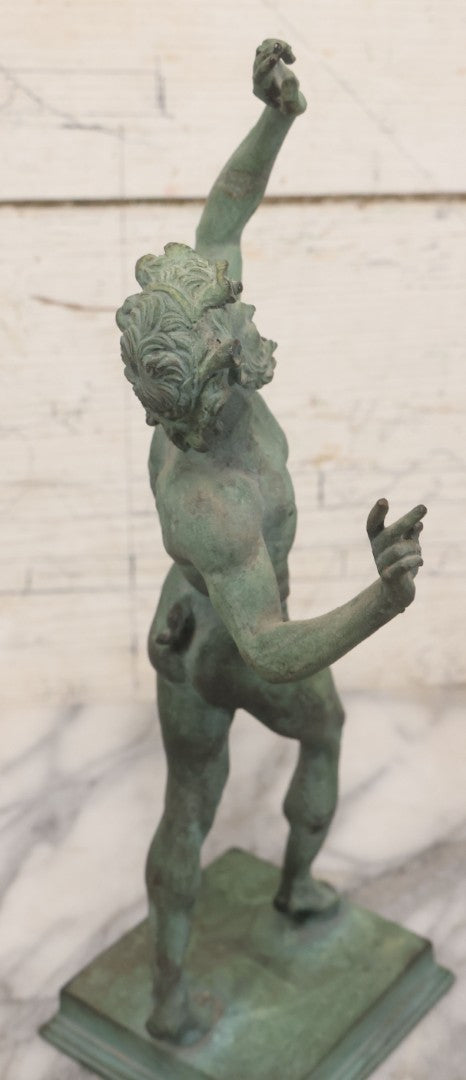 Lot 007 - Antique Cast Metal Nude Mythological Pan Statue In Victory Triumph Pose With Tail, Horns, Green Patina, 12-1/4" Height