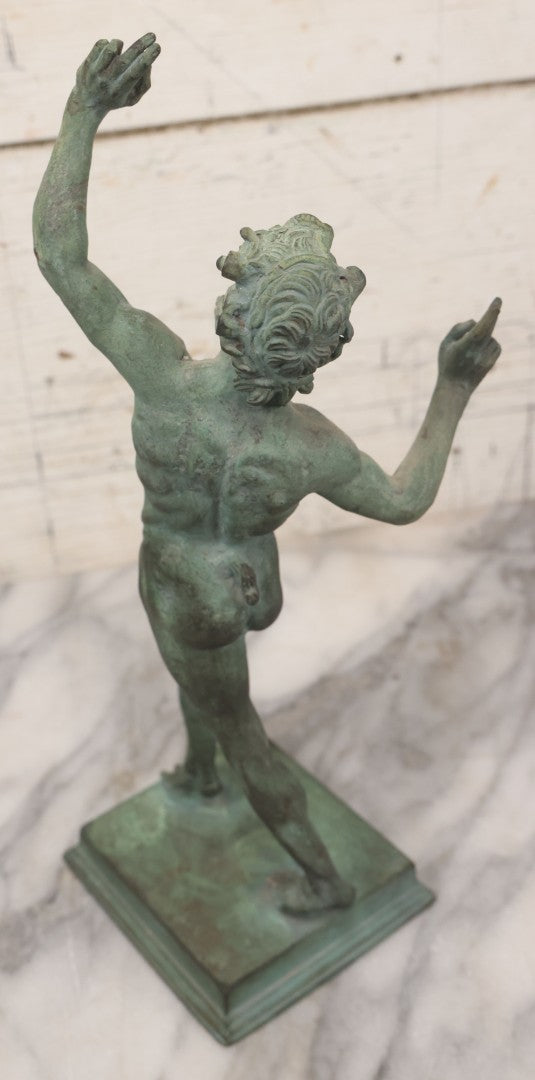 Lot 007 - Antique Cast Metal Nude Mythological Pan Statue In Victory Triumph Pose With Tail, Horns, Green Patina, 12-1/4" Height