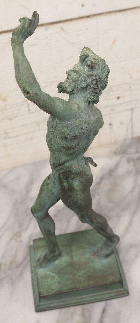 Lot 007 - Antique Cast Metal Nude Mythological Pan Statue In Victory Triumph Pose With Tail, Horns, Green Patina, 12-1/4" Height