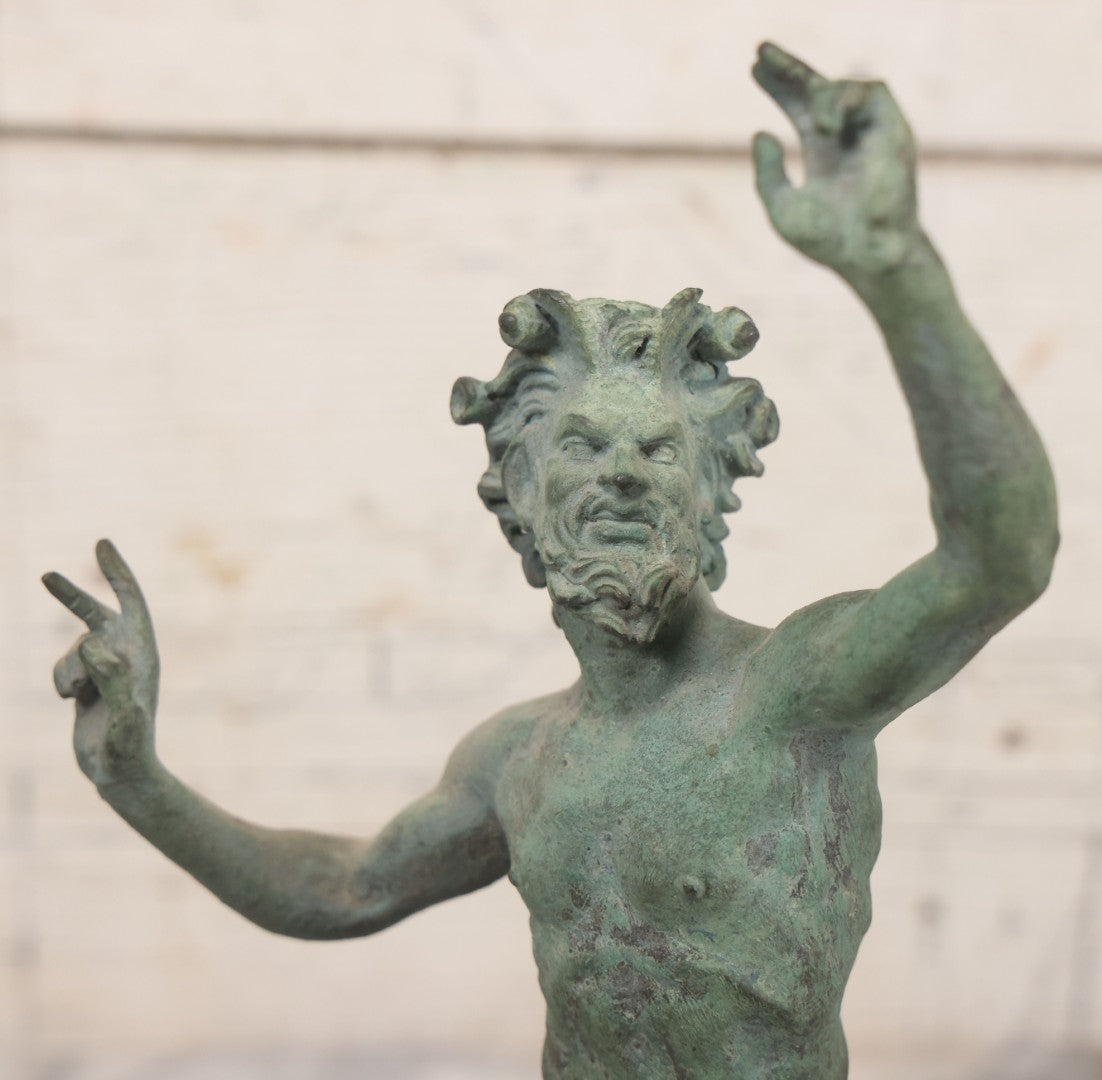 Lot 007 - Antique Cast Metal Nude Mythological Pan Statue In Victory Triumph Pose With Tail, Horns, Green Patina, 12-1/4" Height