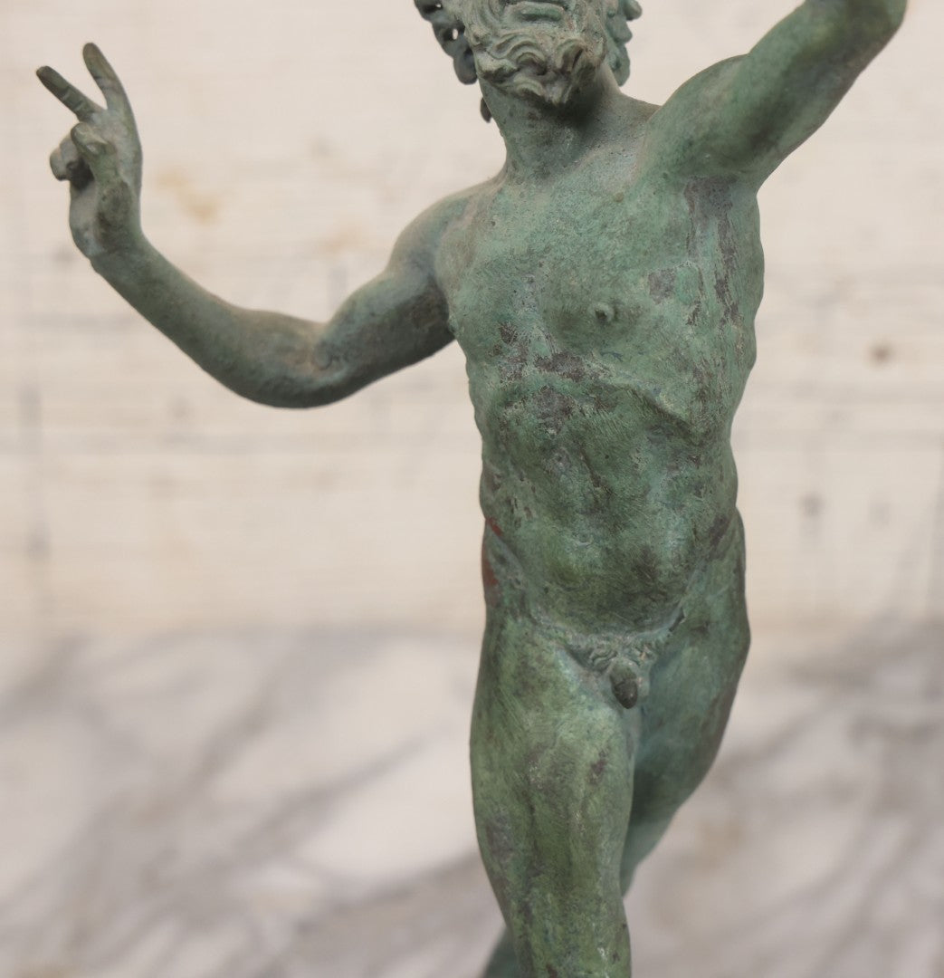 Lot 007 - Antique Cast Metal Nude Mythological Pan Statue In Victory Triumph Pose With Tail, Horns, Green Patina, 12-1/4" Height