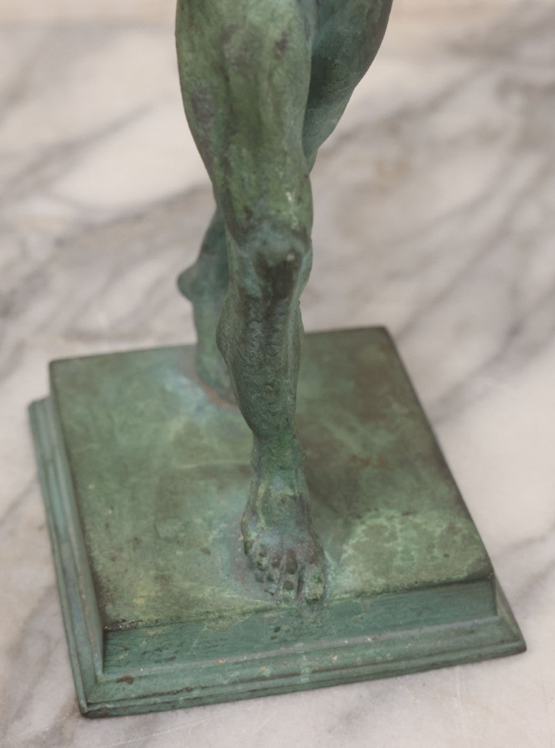 Lot 007 - Antique Cast Metal Nude Mythological Pan Statue In Victory Triumph Pose With Tail, Horns, Green Patina, 12-1/4" Height