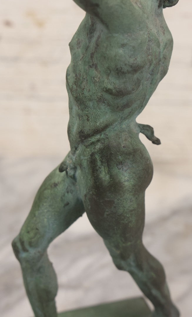 Lot 007 - Antique Cast Metal Nude Mythological Pan Statue In Victory Triumph Pose With Tail, Horns, Green Patina, 12-1/4" Height