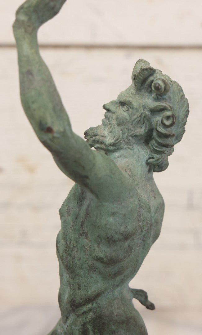 Lot 007 - Antique Cast Metal Nude Mythological Pan Statue In Victory Triumph Pose With Tail, Horns, Green Patina, 12-1/4" Height