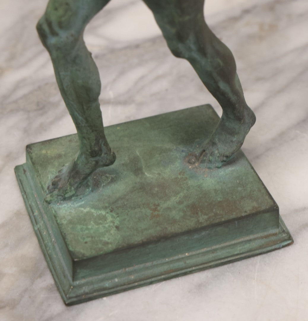 Lot 007 - Antique Cast Metal Nude Mythological Pan Statue In Victory Triumph Pose With Tail, Horns, Green Patina, 12-1/4" Height