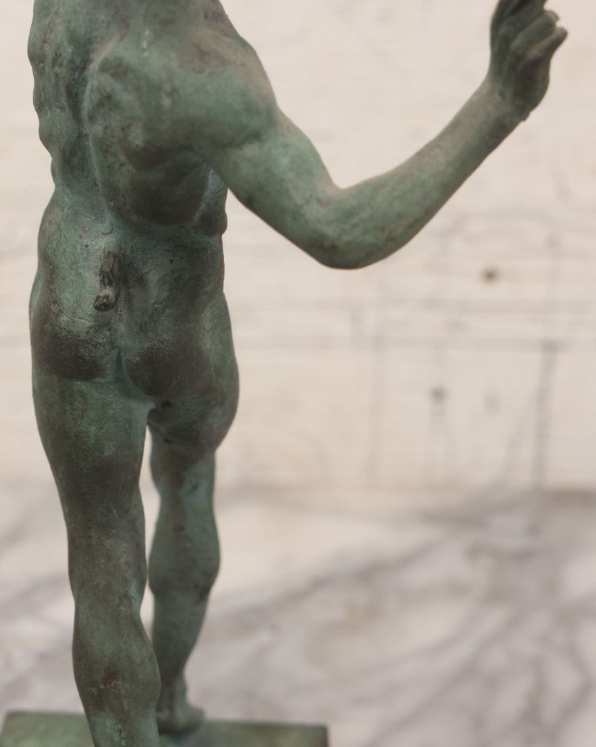 Lot 007 - Antique Cast Metal Nude Mythological Pan Statue In Victory Triumph Pose With Tail, Horns, Green Patina, 12-1/4" Height