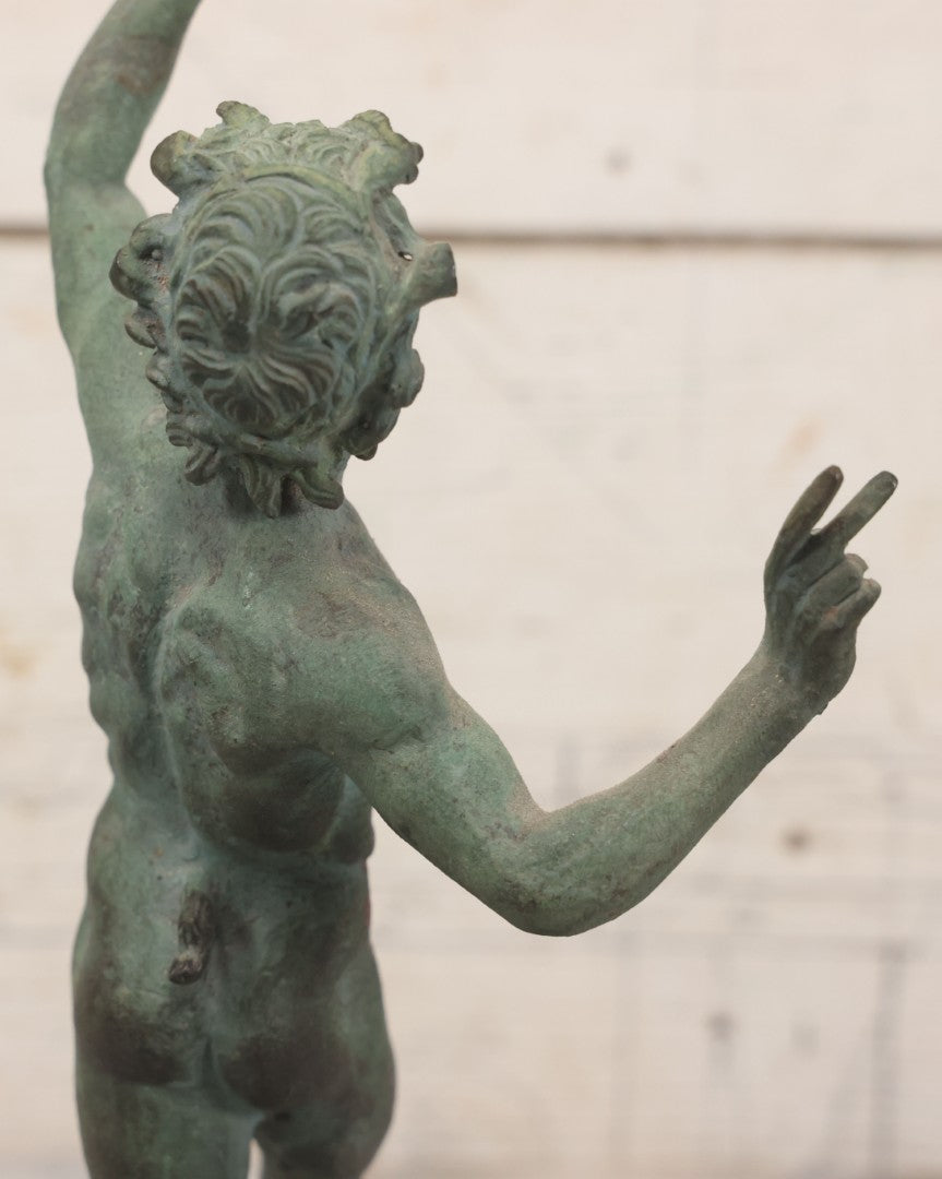 Lot 007 - Antique Cast Metal Nude Mythological Pan Statue In Victory Triumph Pose With Tail, Horns, Green Patina, 12-1/4" Height