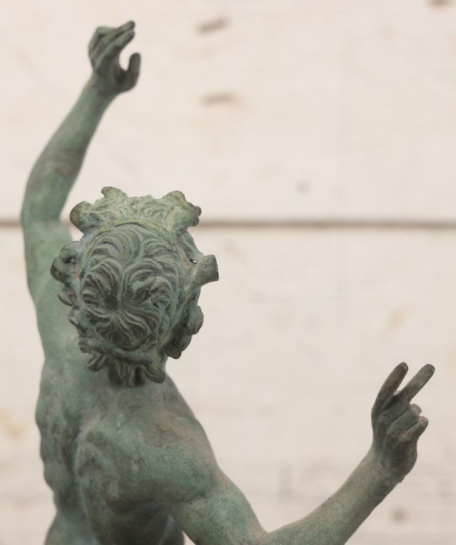 Lot 007 - Antique Cast Metal Nude Mythological Pan Statue In Victory Triumph Pose With Tail, Horns, Green Patina, 12-1/4" Height