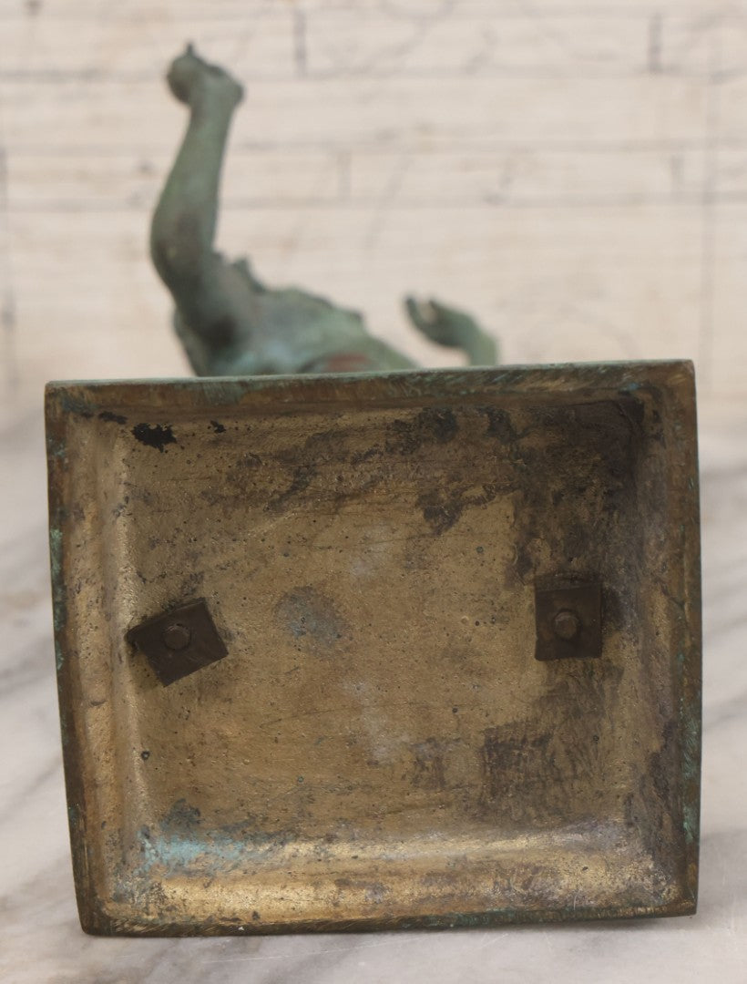 Lot 007 - Antique Cast Metal Nude Mythological Pan Statue In Victory Triumph Pose With Tail, Horns, Green Patina, 12-1/4" Height