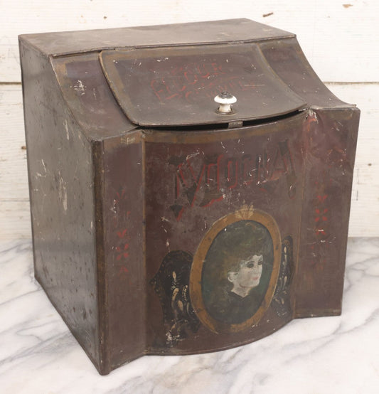 Lot 008 - Antique Hand Painted Mocha Coffee Store Tin With Victorian Woman Cameo Portrait, Painted Lettering, Porcelain Knob