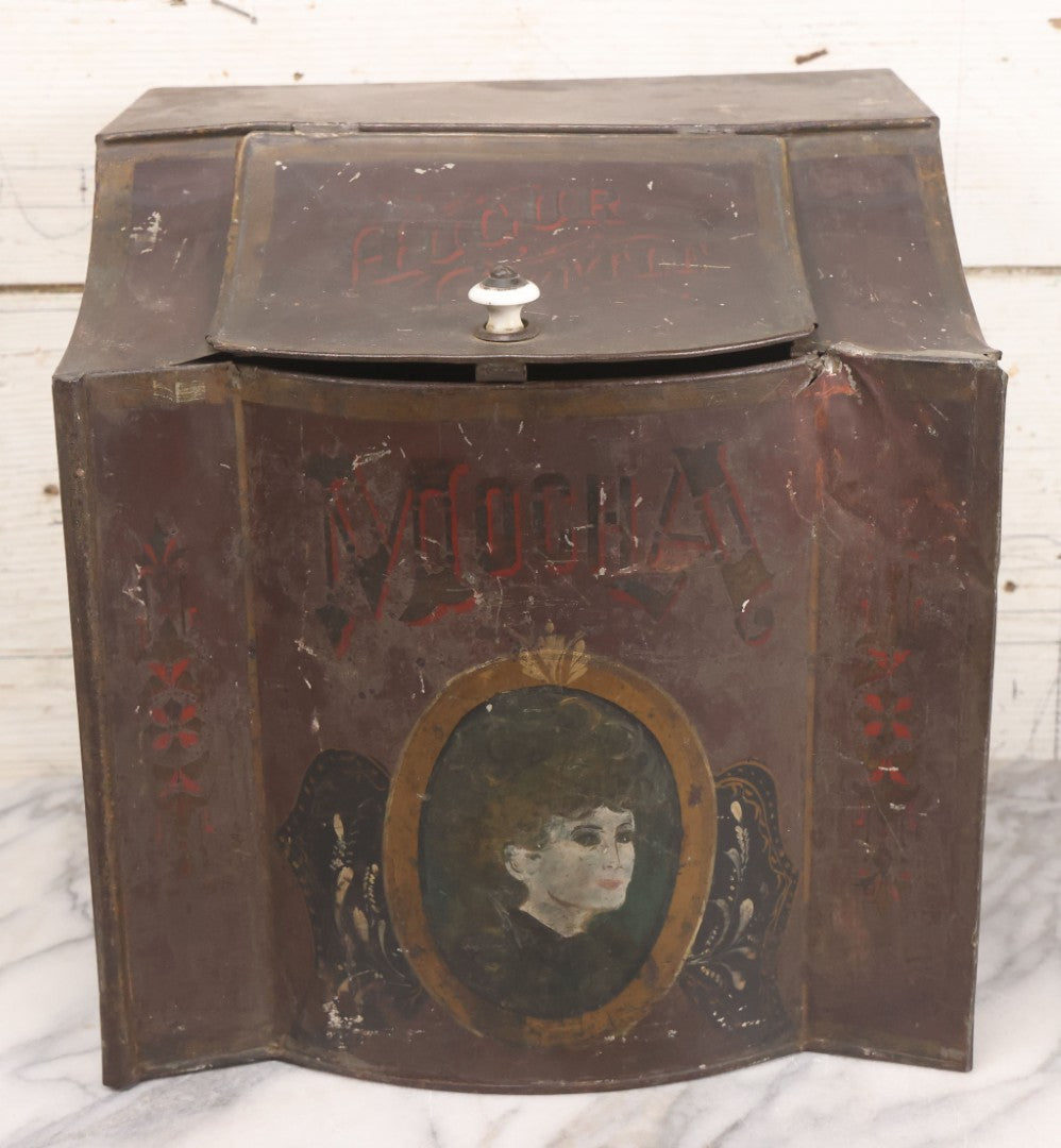 Lot 008 - Antique Hand Painted Mocha Coffee Store Tin With Victorian Woman Cameo Portrait, Painted Lettering, Porcelain Knob