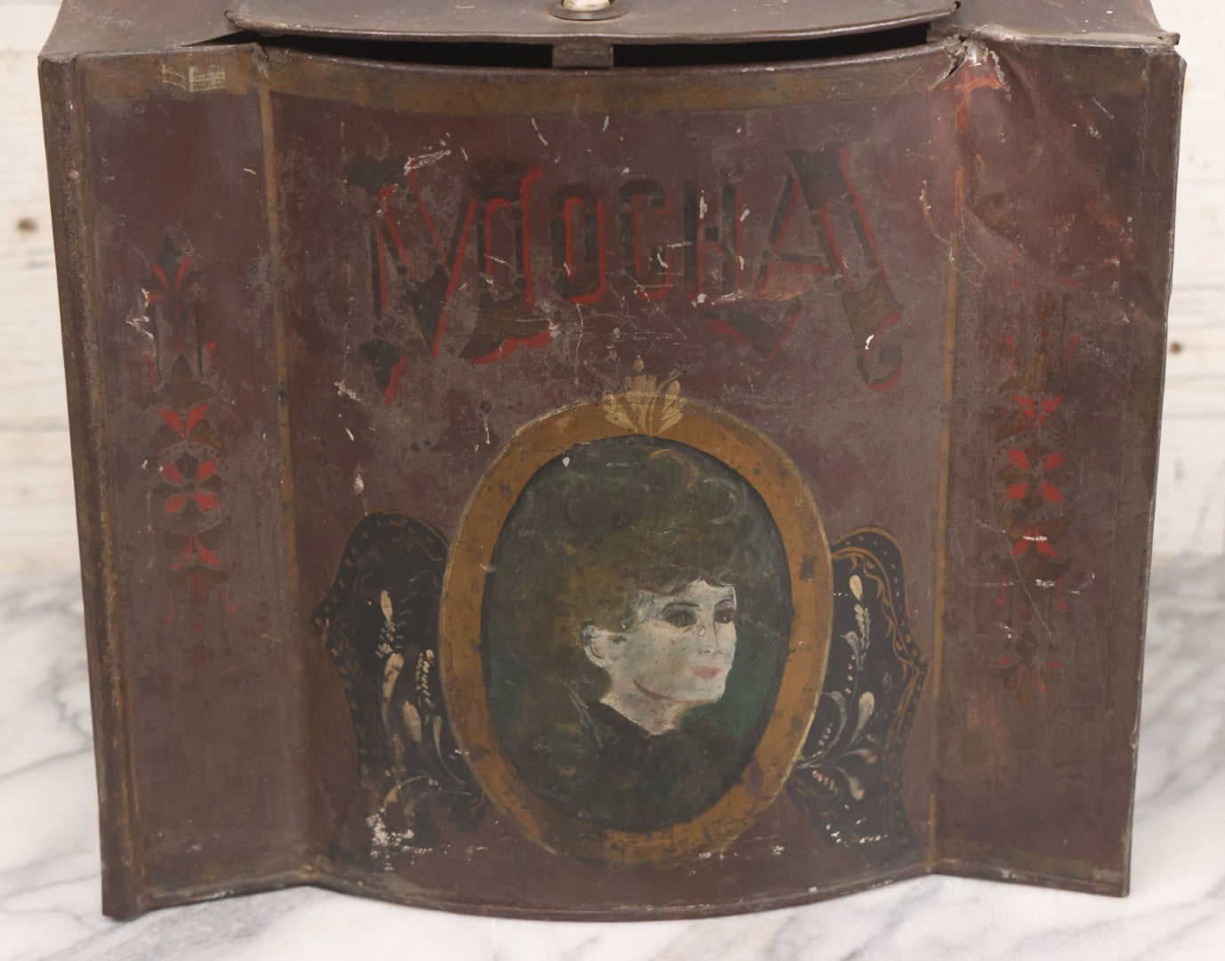 Lot 008 - Antique Hand Painted Mocha Coffee Store Tin With Victorian Woman Cameo Portrait, Painted Lettering, Porcelain Knob