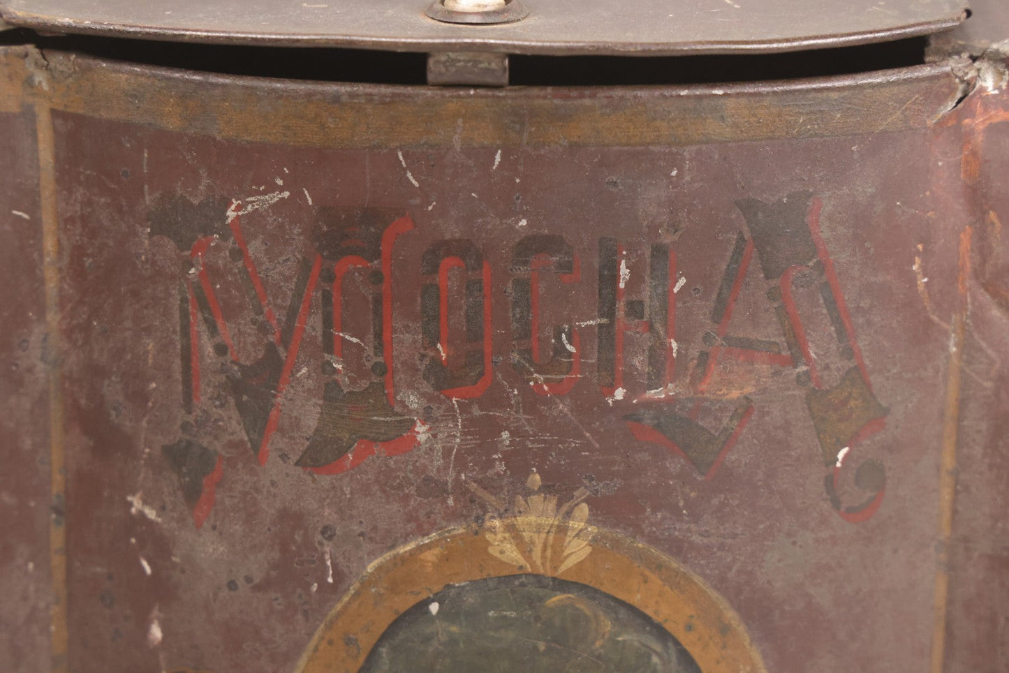 Lot 008 - Antique Hand Painted Mocha Coffee Store Tin With Victorian Woman Cameo Portrait, Painted Lettering, Porcelain Knob