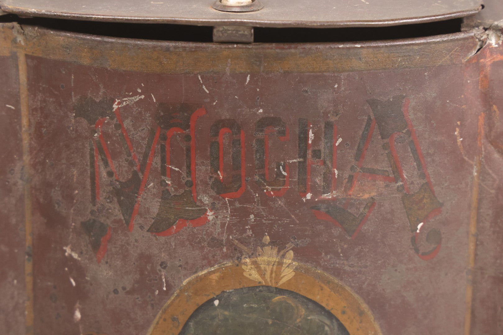 Lot 008 - Antique Hand Painted Mocha Coffee Store Tin With Victorian Woman Cameo Portrait, Painted Lettering, Porcelain Knob