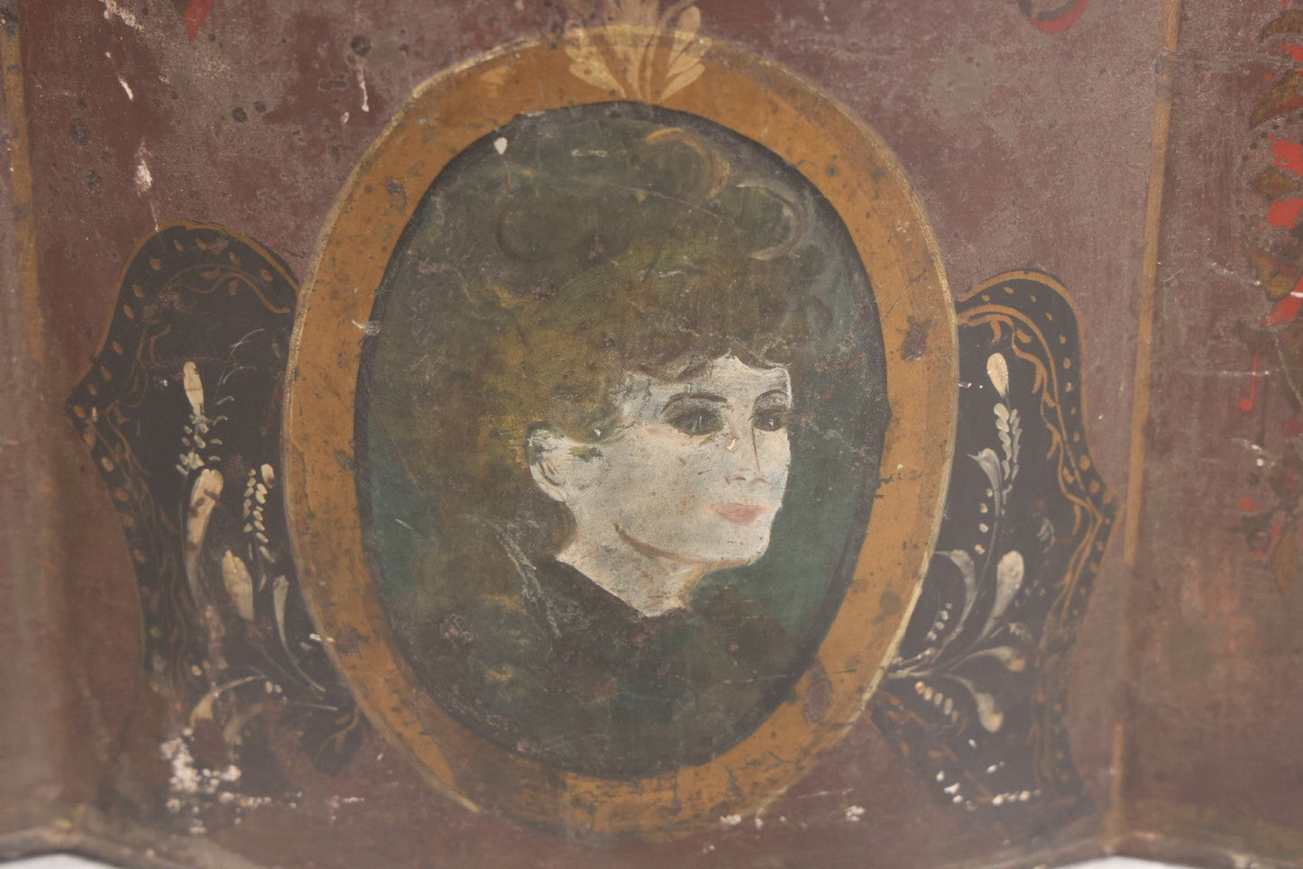 Lot 008 - Antique Hand Painted Mocha Coffee Store Tin With Victorian Woman Cameo Portrait, Painted Lettering, Porcelain Knob