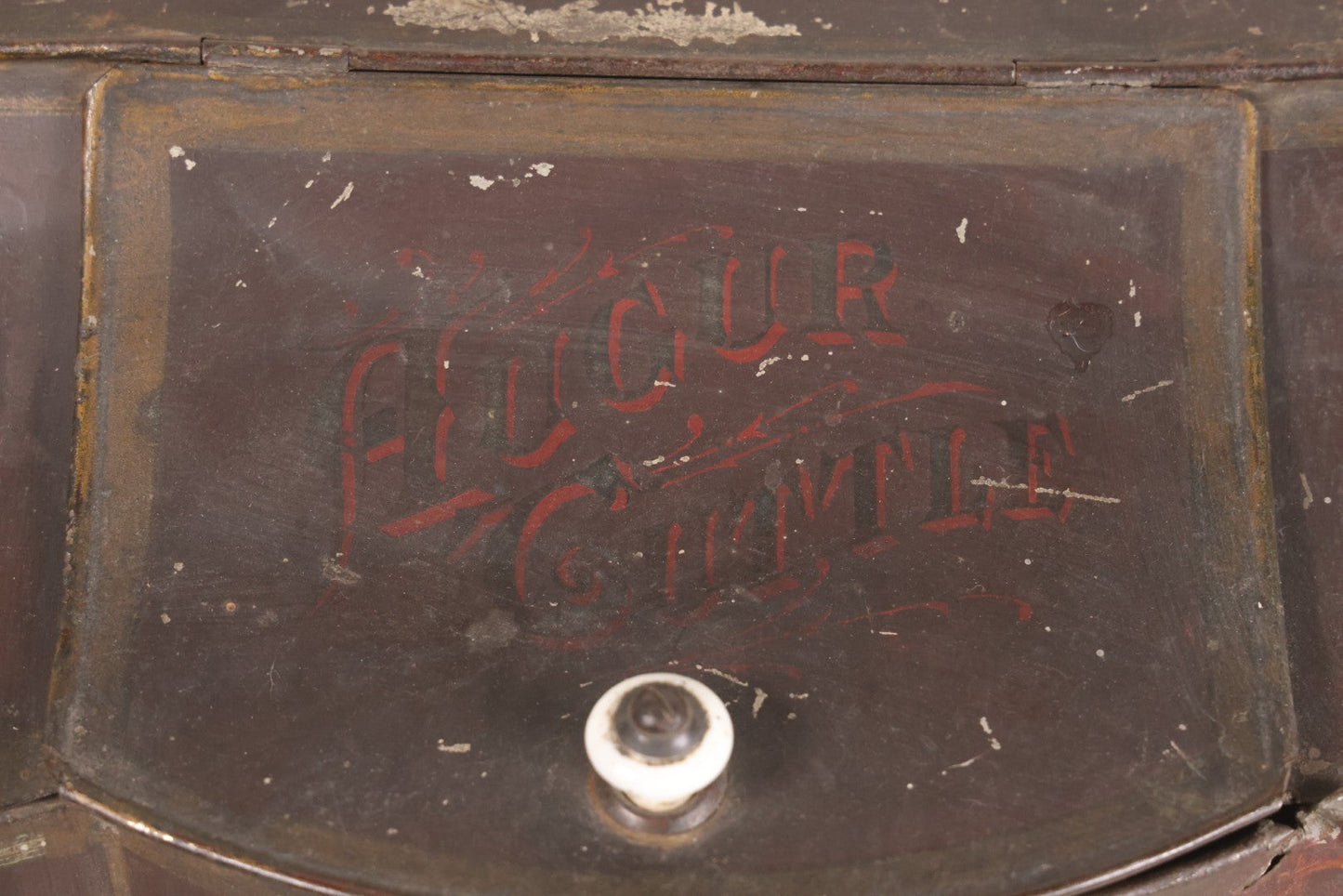 Lot 008 - Antique Hand Painted Mocha Coffee Store Tin With Victorian Woman Cameo Portrait, Painted Lettering, Porcelain Knob