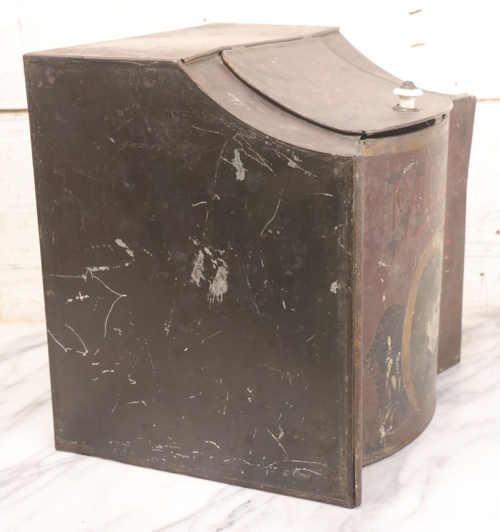 Lot 008 - Antique Hand Painted Mocha Coffee Store Tin With Victorian Woman Cameo Portrait, Painted Lettering, Porcelain Knob