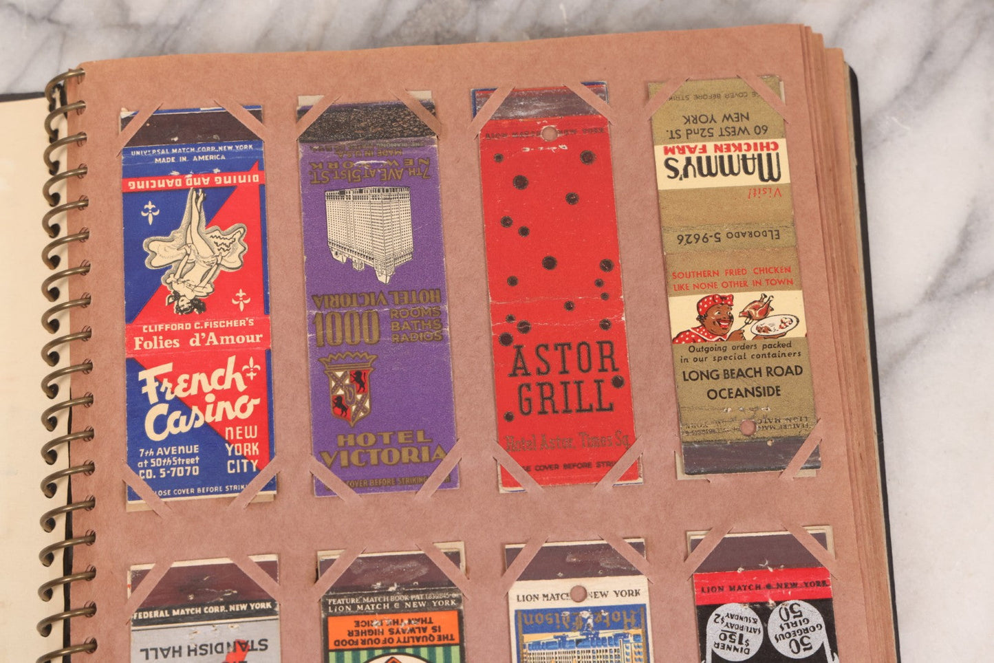 Lot 009 - Vintage Matchbook Cover Collection In "Twin Slit" Album With 100+ Match Book Covers Including Cocoanut Grove Nightclub, Location Of Deadly Fire In Boston, Red Devil Restaurant, New York, Many Others Clubs And Restaurants, Pinups, And More