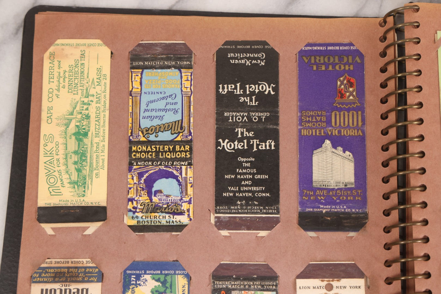 Lot 009 - Vintage Matchbook Cover Collection In "Twin Slit" Album With 100+ Match Book Covers Including Cocoanut Grove Nightclub, Location Of Deadly Fire In Boston, Red Devil Restaurant, New York, Many Others Clubs And Restaurants, Pinups, And More