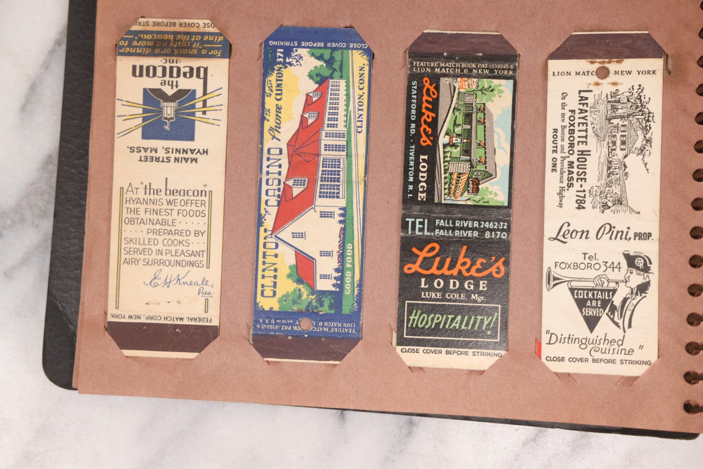 Lot 009 - Vintage Matchbook Cover Collection In "Twin Slit" Album With 100+ Match Book Covers Including Cocoanut Grove Nightclub, Location Of Deadly Fire In Boston, Red Devil Restaurant, New York, Many Others Clubs And Restaurants, Pinups, And More