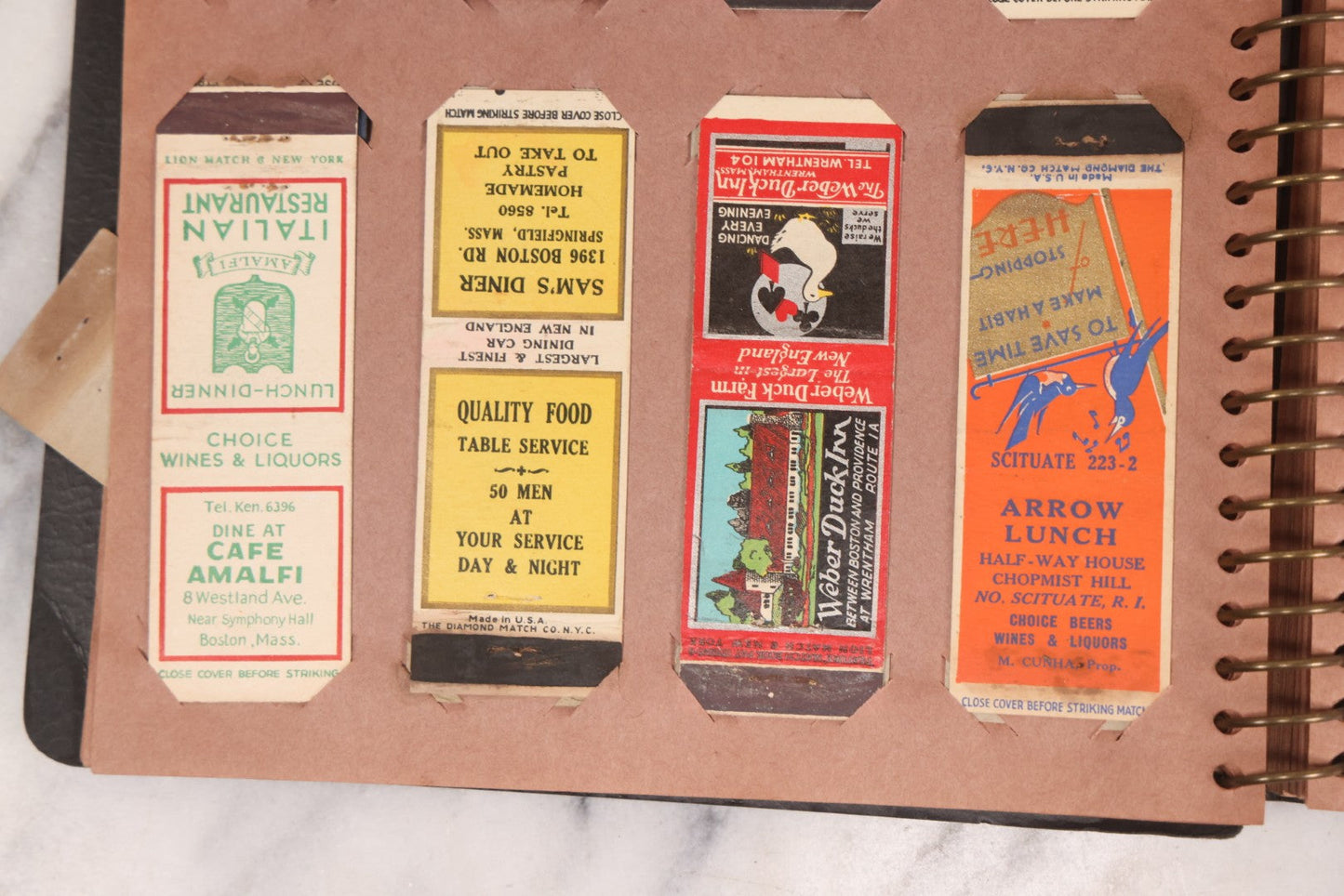 Lot 009 - Vintage Matchbook Cover Collection In "Twin Slit" Album With 100+ Match Book Covers Including Cocoanut Grove Nightclub, Location Of Deadly Fire In Boston, Red Devil Restaurant, New York, Many Others Clubs And Restaurants, Pinups, And More