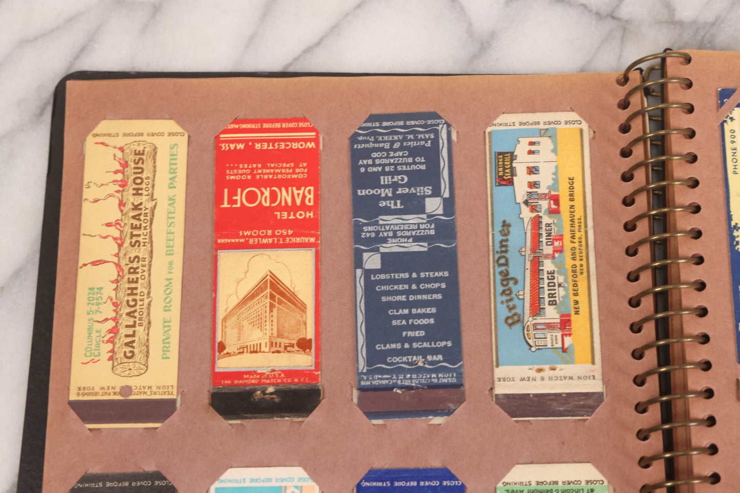 Lot 009 - Vintage Matchbook Cover Collection In "Twin Slit" Album With 100+ Match Book Covers Including Cocoanut Grove Nightclub, Location Of Deadly Fire In Boston, Red Devil Restaurant, New York, Many Others Clubs And Restaurants, Pinups, And More